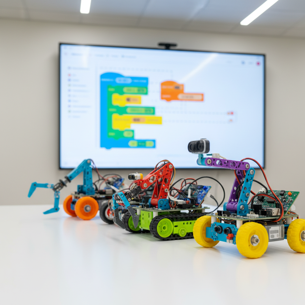 An array of small, colorful educational robots lined up diagonally across a pristine white table, each with a distinct configuration of wheels, tracks, and articulated arms made from bright plastic and exposed circuit boards. Behind them, a large digital display on a clean wall shows a simplified block-based programming interface in vivid colors, slightly out of focus. Overhead, cool, even LED lighting creates crisp, shadow-free illumination, making every detail on the robots’ sensors and connectors visible. Shot from a slightly elevated three-quarter angle, the composition uses the rule of thirds to lead the eye from the front robot to the screen. The mood is energetic and optimistic, with a photographic, modern aesthetic that highlights the connection between coding and hands-on robotics for youth learning.