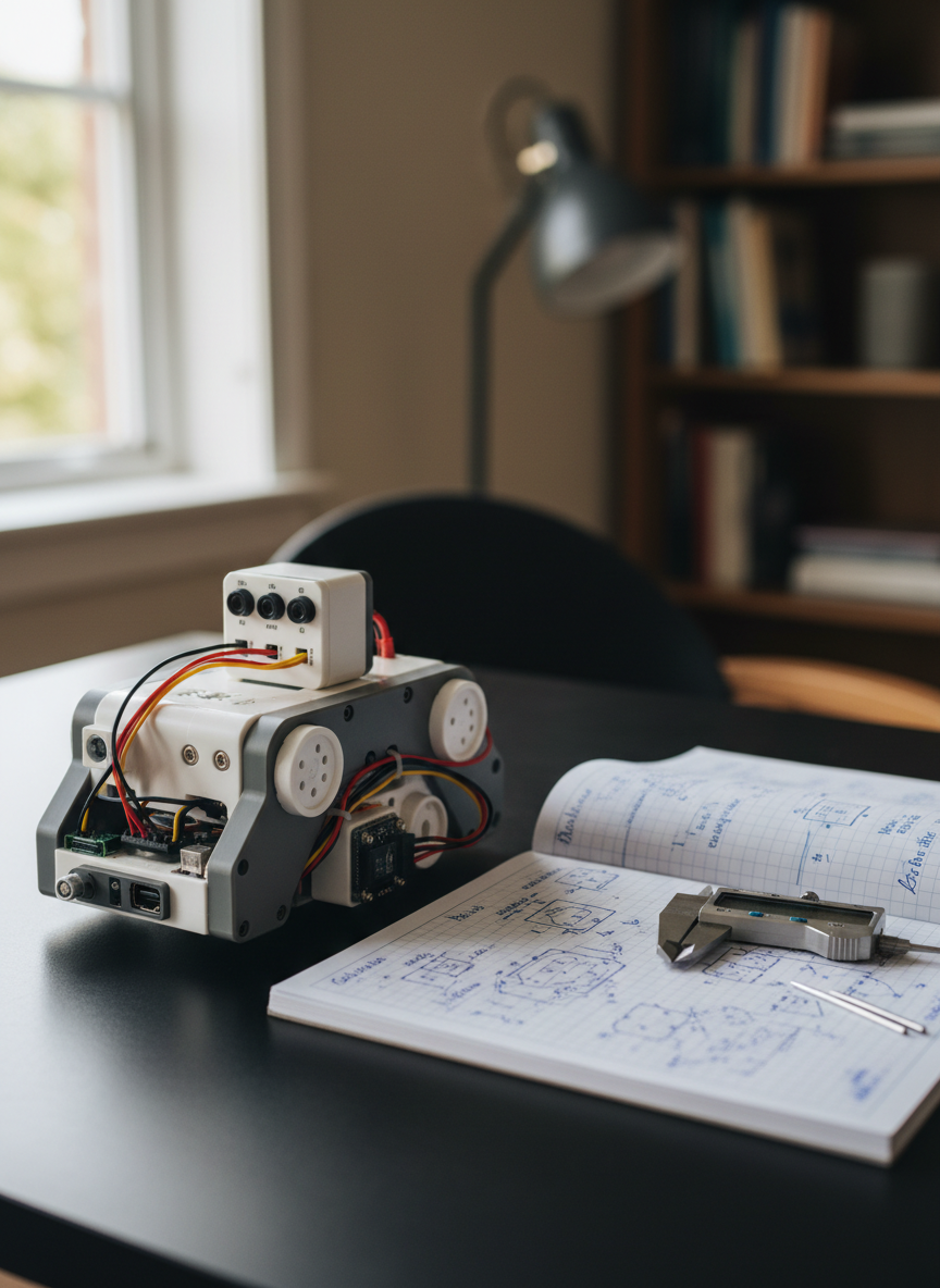 A close-up photographic view of a compact educational robot resting on a smooth, dark matte tabletop, its body made of white and charcoal-grey plastic with visible ports, sensors, and neatly routed wires. Next to it lies an open spiral-bound engineering notebook filled with hand-drawn schematics and neatly written annotations, alongside a precision caliper and a small set of hex keys. Diffused afternoon light from a nearby window casts soft highlights on plastic edges and metal tools, with gentle shadows adding depth. Captured from a low, side angle with shallow depth of field, the robot and notebook are in sharp focus while the distant background fades into a soft bokeh. The atmosphere is studious and reflective, emphasizing the design and planning side of youth robotics in a realistic, professional style.