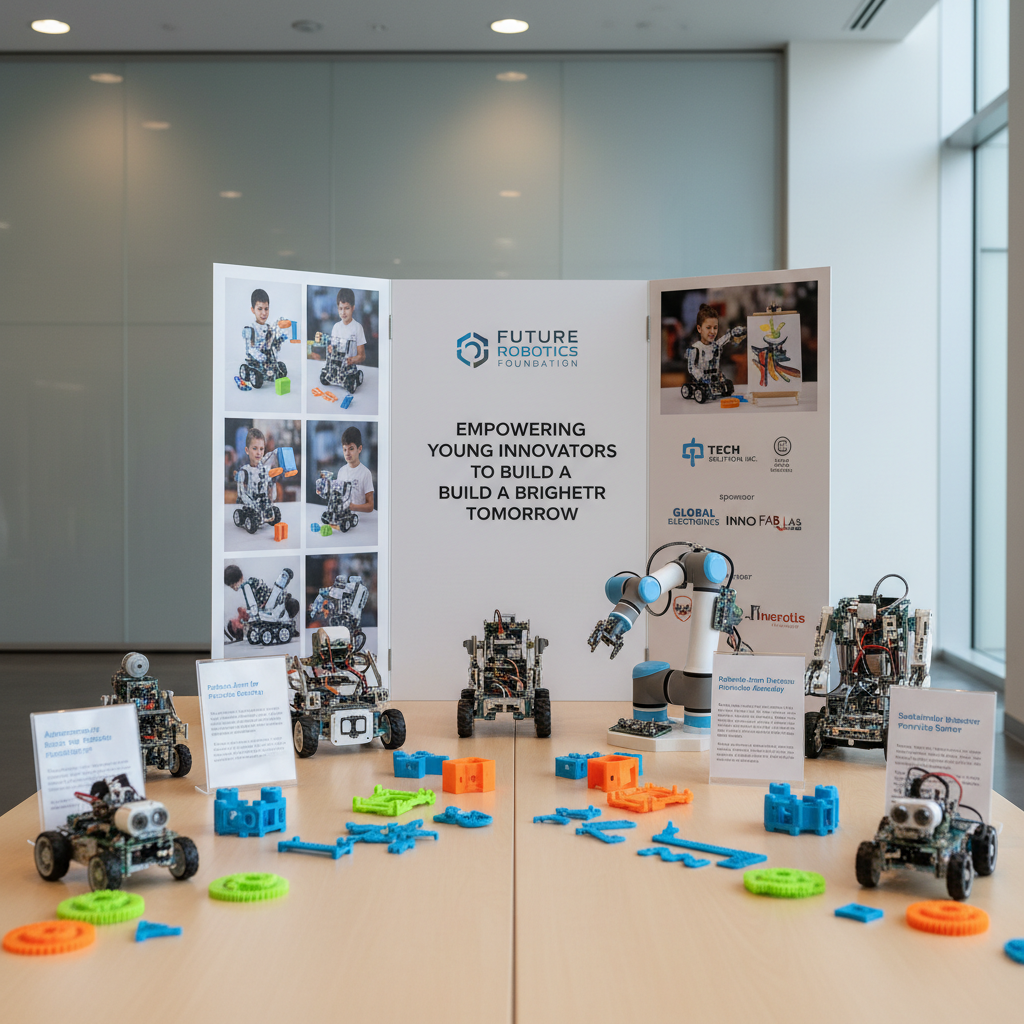 A detailed robotics outreach display table set up in a minimalist event space, featuring a polished light-wood surface holding an assortment of demonstration robots, 3D-printed parts in bright colors, and clear acrylic stands explaining each project with clean, professional typography. An upright trifold board at the back showcases high-resolution photos of youth-built robots (without people visible), sponsor logos, and a mission statement about empowering young innovators. Soft, diffused overhead lighting combines with subtle side light from a nearby window, creating a balanced, professional glow with gentle reflections on acrylic and plastic. Captured straight on at eye level with sharp focus, the composition is symmetrical and organized, evoking trust, professionalism, and inspiration in a photographic, clean style suitable for a non-profit foundation.