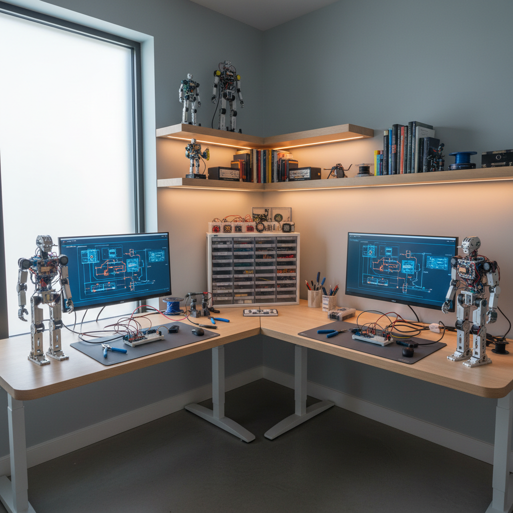 A futuristic yet approachable robotics mentoring corner, shown without any people, featuring two facing workstations with matching light-wood desks and slim, modern monitors displaying schematic diagrams of robot control systems. Between them, a shared parts organizer holds neatly labeled drawers filled with sensors, microcontrollers, and connectors. On each desk sits a partially assembled mid-scale robot with metal frames and color-coded wiring. Warm, indirect LED strip lighting under wall shelves combines with soft natural light from a side window, creating a calm, focused atmosphere with gentle highlights on metal components. Shot from a slightly elevated angle with wide framing, the scene feels collaborative and inviting while maintaining a clean, professional, photographic realism that aligns with youth mentorship in robotics.