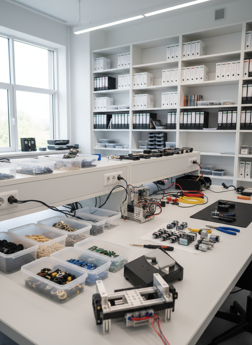 A bright, modern robotics lab featuring a large, light-grey workbench covered with organized components: neatly sorted bins of gears and sensors, coiled colored cables, small motors, precision tools, and a partially assembled robot chassis of brushed aluminum and high-impact plastic. Behind the bench, tall white shelves hold labeled boxes of parts and reference manuals. Soft daylight streams through a large window, supplemented by cool overhead LED panels that create crisp, even illumination with subtle reflections on metallic surfaces. Shot from a slightly elevated angle with moderate depth of field, the foreground robot parts are in sharp focus while the background shelves gently blur. The mood is focused and aspirational, with photographic realism and a clean, professional aesthetic that suggests a dedicated youth robotics education space without any visible people.