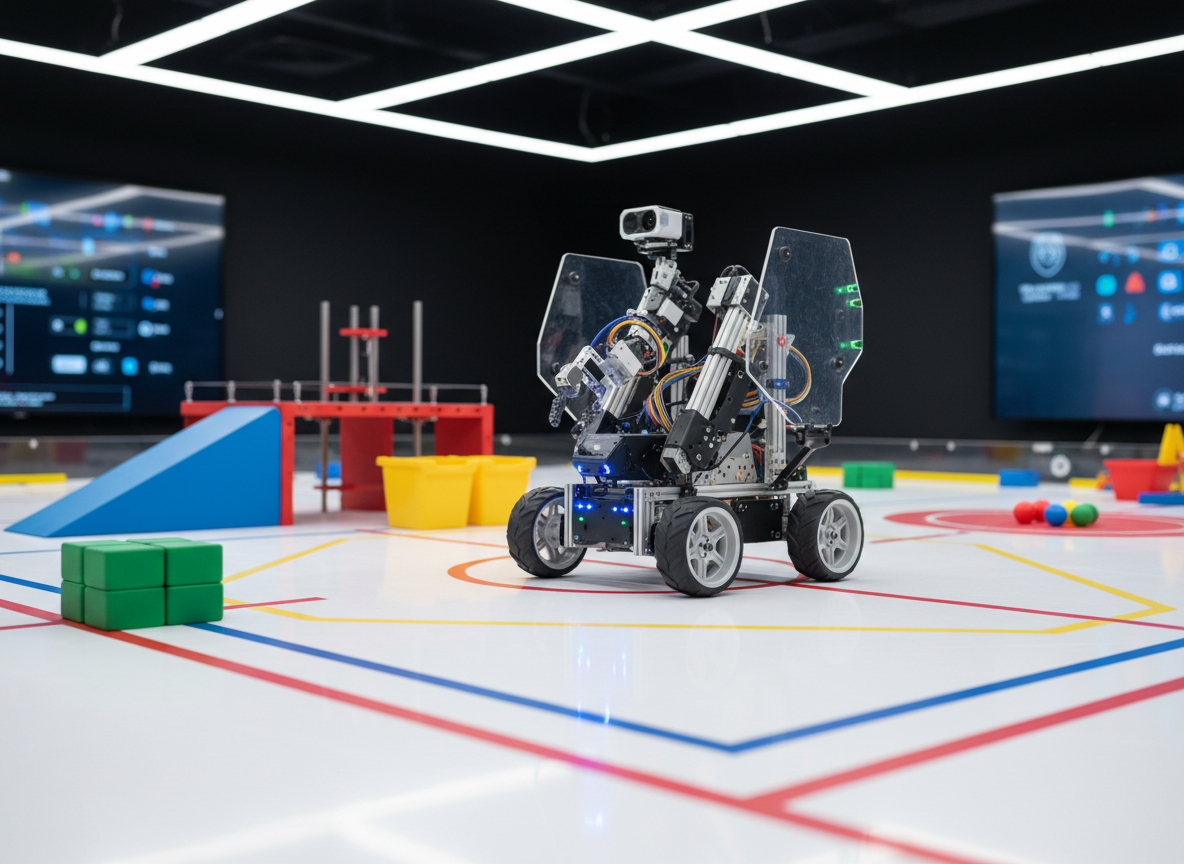 A sleek competition-style robotics arena with a polished white floor marked by bold, clean lines forming challenge zones. In the center stands a mid-sized wheeled robot built from brushed aluminum, matte black panels, and transparent polycarbonate shields revealing glowing status LEDs and precise wiring. Surrounding it are neatly arranged modular obstacles, ramps, and scoring elements in bright primary colors. Soft, even studio lighting from above eliminates harsh shadows, creating a professional, high-tech atmosphere. Captured at eye level with a slightly wide angle, the image has sharp focus throughout, emphasizing engineering detail and strategic layout. The photographic realism and clean, modern aesthetic convey a sense of serious yet exciting youth robotics competition without showing any human participants.